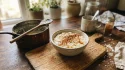 Bol de porridge garni de miel et cannelle sur planche bois