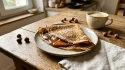Crêpe garnie de chocolat, noisettes et café chaud