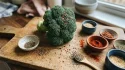 Brocoli frais entouré d'épices et d'ingrédients sur planche bois